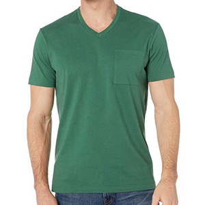 Men 100 cotton custom plain dyed blank v neck short sleeve t shirt with pocket