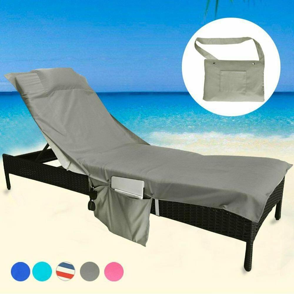 Lounge chair cover pocket fold beach towel with inflatable pillow and bag