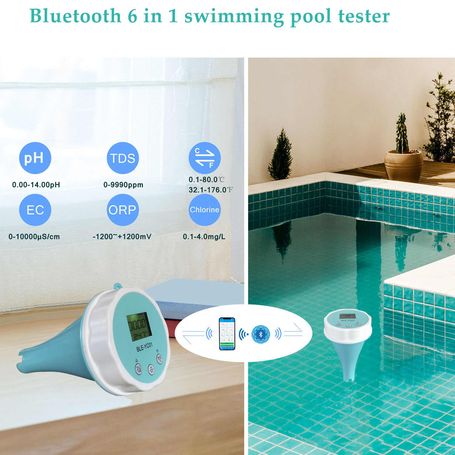 Floating Smart Swimming Pool Water Analyzer 6 in 1 PH Chlorine EC TDS ORP TEMP Tester for Spa Pool Water with Bluetooth App