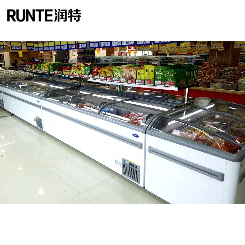 Low temperature meat seafood frozen food deep sliding door coffin combined island freezer