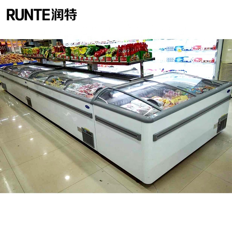 Low temperature meat seafood frozen food deep sliding door coffin combined island freezer