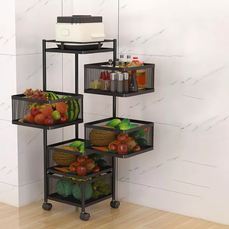 Rotating Shelf 360 Degree Baskets Fruit Multipurpose 3/4/5Tier Vegetable Metal Storage Kitchen Rack With Wheels