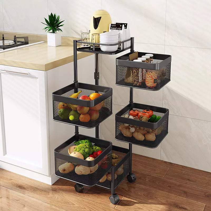 Rotating Shelf 360 Degree Baskets Fruit Multipurpose 3/4/5Tier Vegetable Metal Storage Kitchen Rack With Wheels