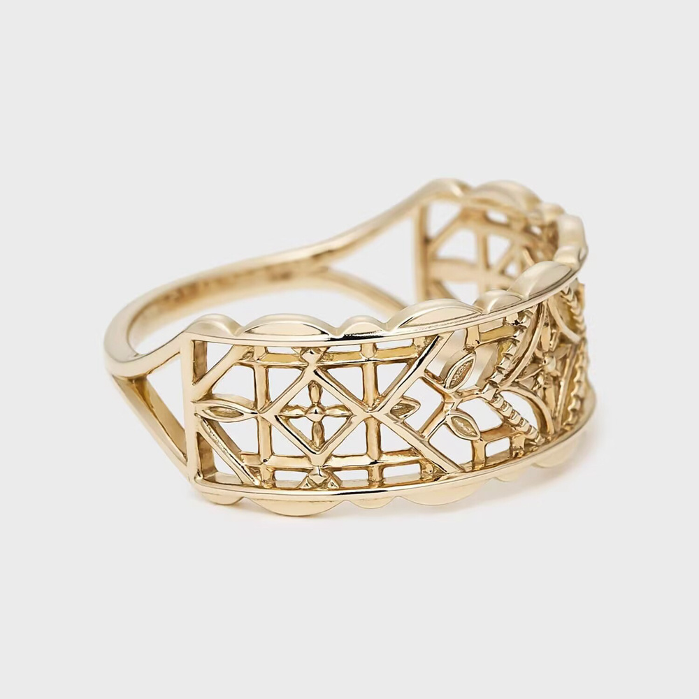 925 Sterling Silver 14K Gold Plated Retro Vintage Medieval Pattern Irregular Hollow Ring