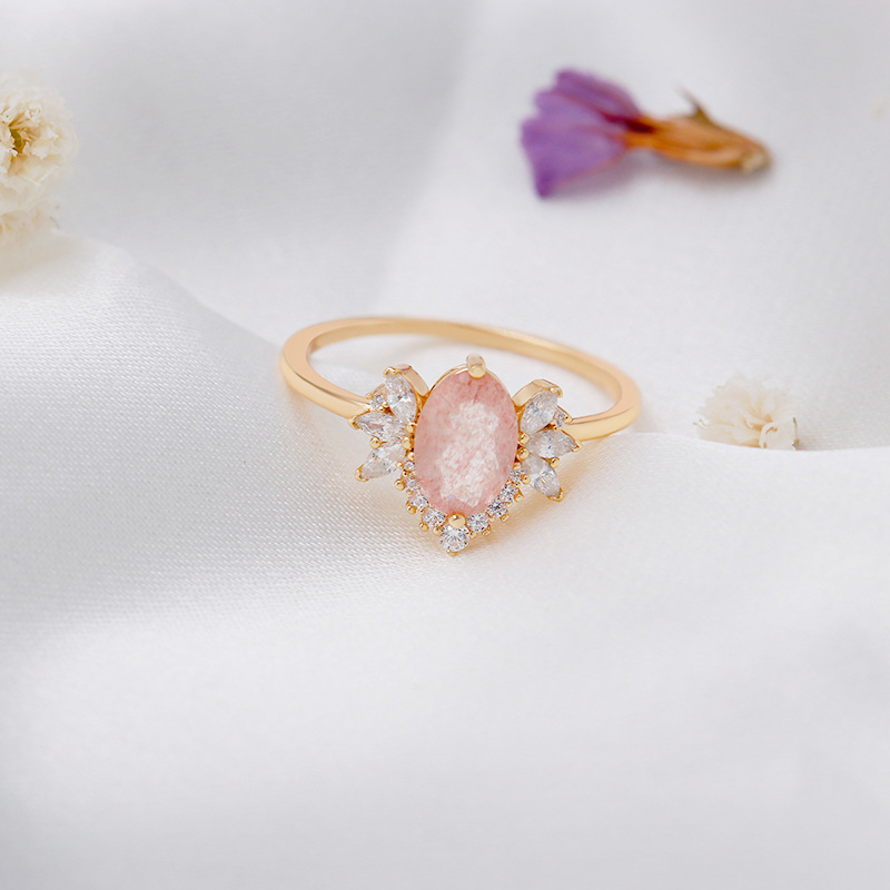 925 Sterling Silver 14K Gold Plated Gemstone Crystal  Engagement Thin Circle Butterfly Shape Pink Strawberry Crystal Ring