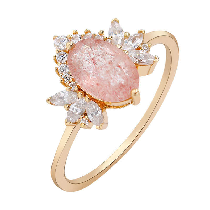 925 Sterling Silver 14K Gold Plated Gemstone Crystal  Engagement Thin Circle Butterfly Shape Pink Strawberry Crystal Ring