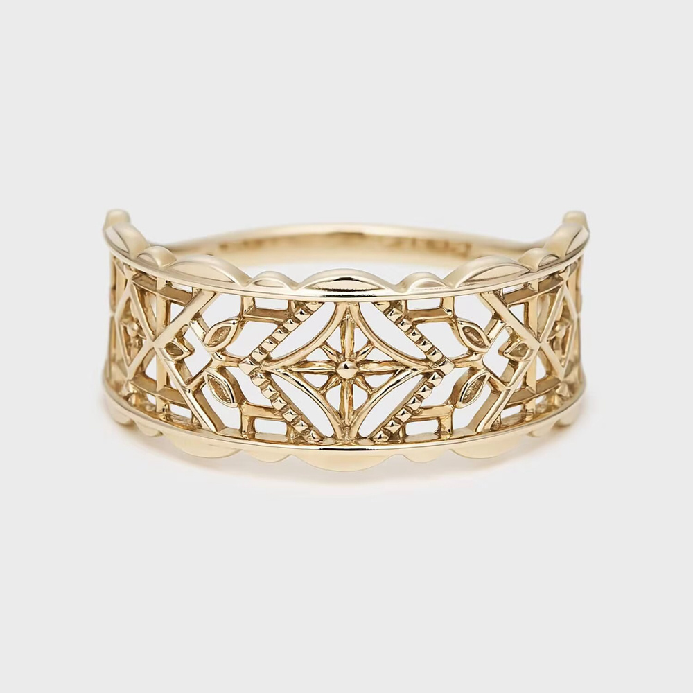 925 Sterling Silver 14K Gold Plated Retro Vintage Medieval Pattern Irregular Hollow Ring