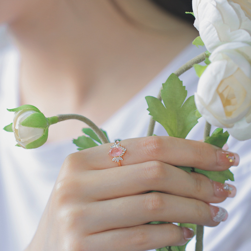 925 Sterling Silver 14K Gold Plated Gemstone Crystal  Engagement Thin Circle Butterfly Shape Pink Strawberry Crystal Ring