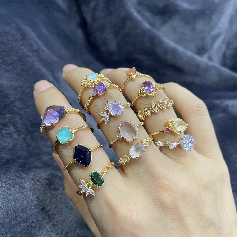 925 Sterling Silver 14k gold Natural Stone Opal Blue Green Peridot Lavender  Blonde Crystal Amethyst Carved Open Gemstone Rings