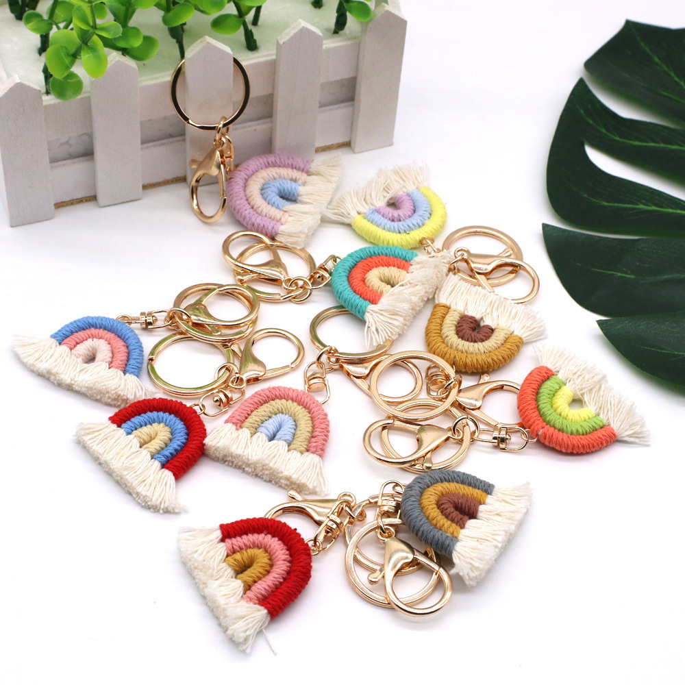 Boho Cotton rainbow tassel key chains Car Pendant Bag Accessories Cute Fashion Handmade Woven Keychain