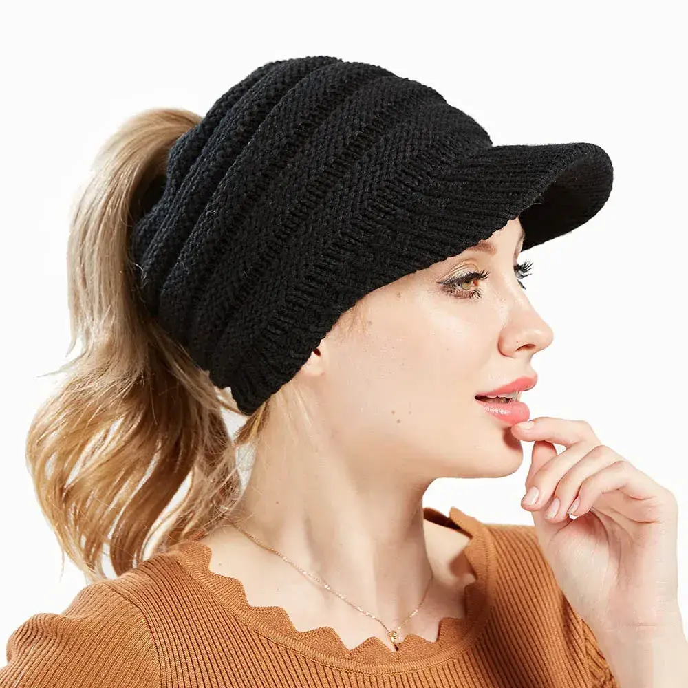 Winter Outdoor Sports Fashion Women's Knitted Hat Hollow Ponytail Beanie Warm Beanie