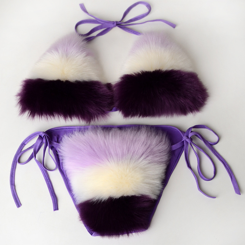 Summer day  Newest design woman Luxury Adjustable lady artificial fox fur bra bikini furry sexy swim wear