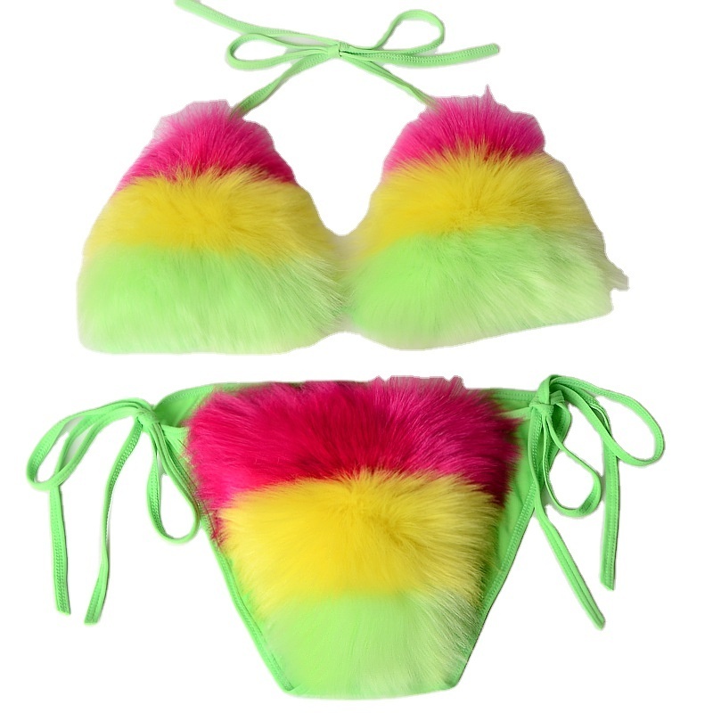 Summer day  Newest design woman Luxury Adjustable lady artificial fox fur bra bikini furry sexy swim wear