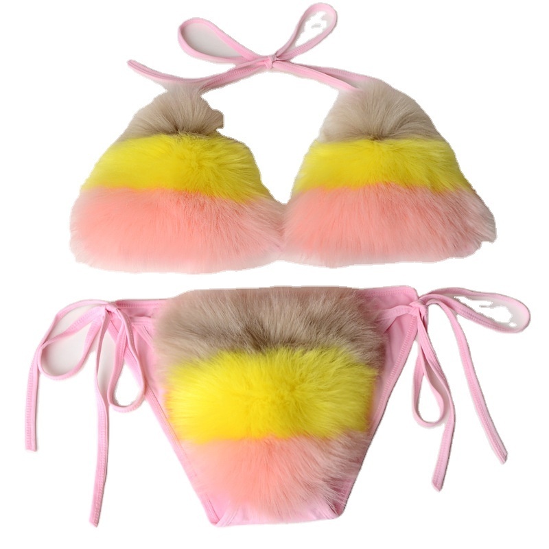 Summer day  Newest design woman Luxury Adjustable lady artificial fox fur bra bikini furry sexy swim wear