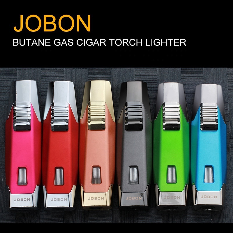 JOBON Wholesale Double Jet Flame Cigar Torch Lighter Custom Logo Refillable Butane Gas Lighter For Smoking Cigar Cigarette