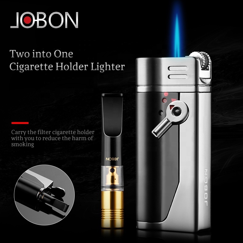 JOBON Jet Flame Refillable Metal Custom Logo Flint Cigarette Lighter With Cigarette Holder Filter For Smoking Accessories