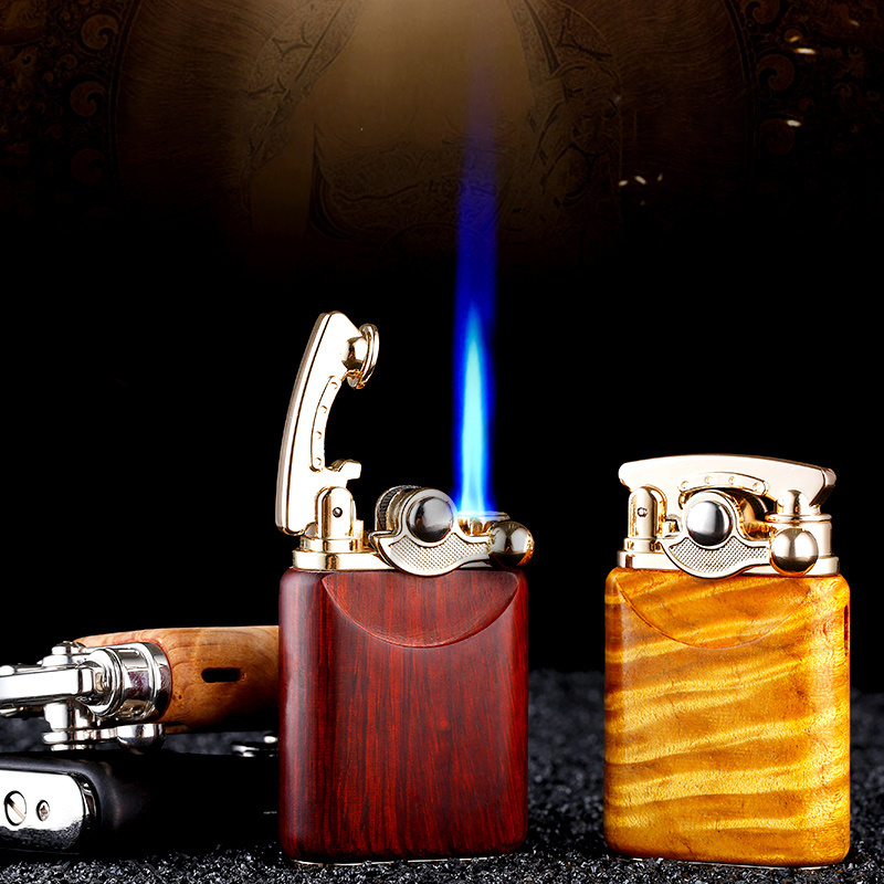 JOBON Customized Logo Luxury Style Wooden Cigarette Cigar Smoke Jet Flame Butane Gas Inflatable Refillable Torch Lighter