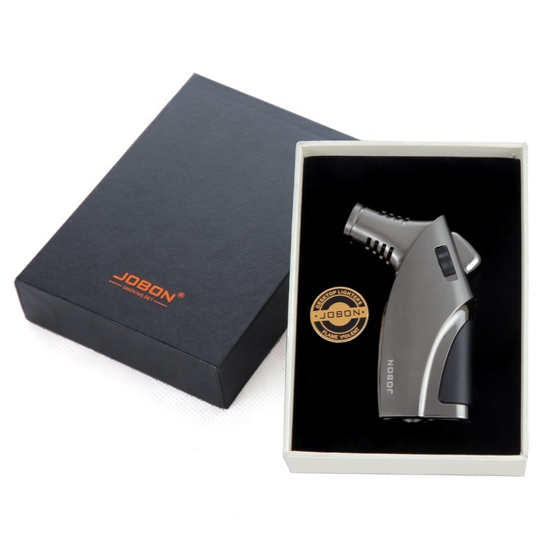 JOBON Wholesale Custom Logo Jet Triple Flame Gas Butan Refillable Cigar Torch Lighter With Cigar Punch With Safety Lock Gift Box