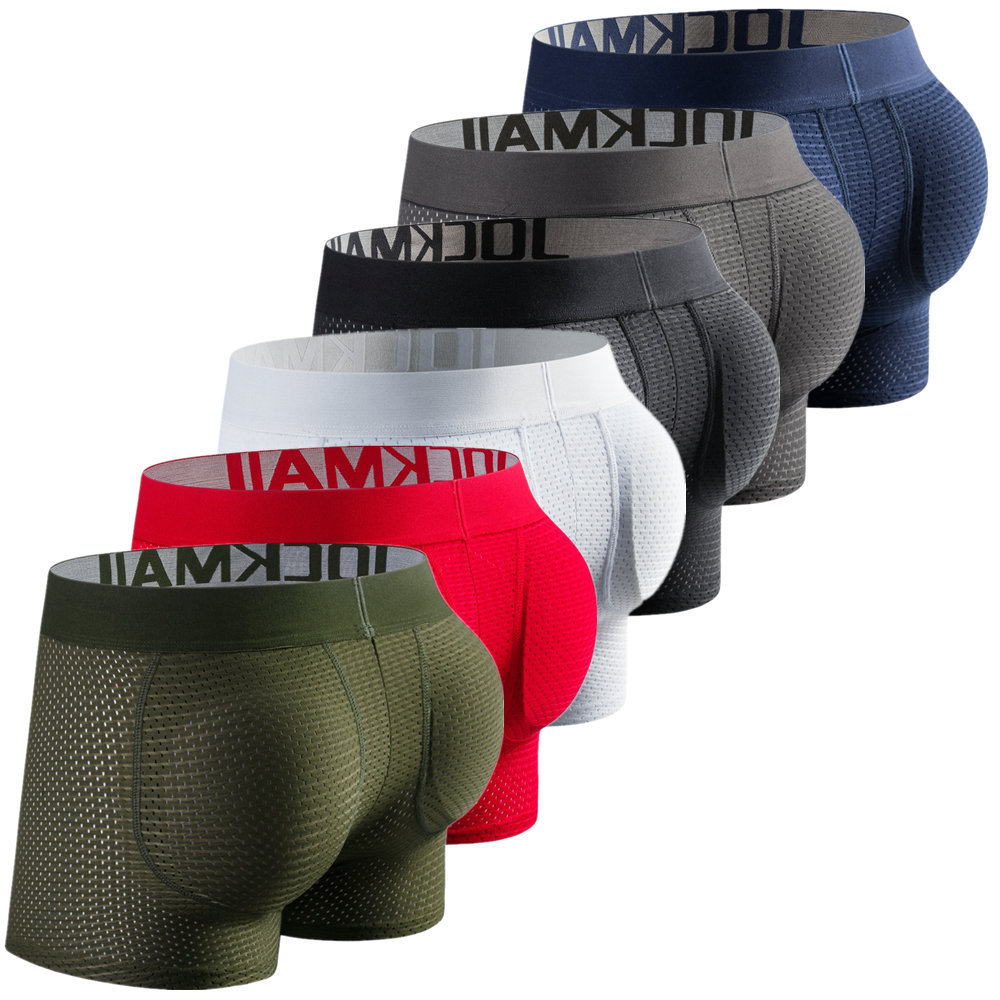 JOCKMAIL Brand Sexy Fake Hip Men's Underwear Low Waist Mesh Breathable Push Up Cup Boxer Underwear Removable Padding Shorts