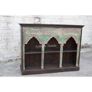 Indian Vintage Wooden Open Carved Triple Arch Bookshelf / Carved Bookcase