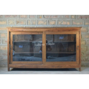 Industrial & vintage Indian solid Reclaimed wood Natural finish 2 glass door Cabinet