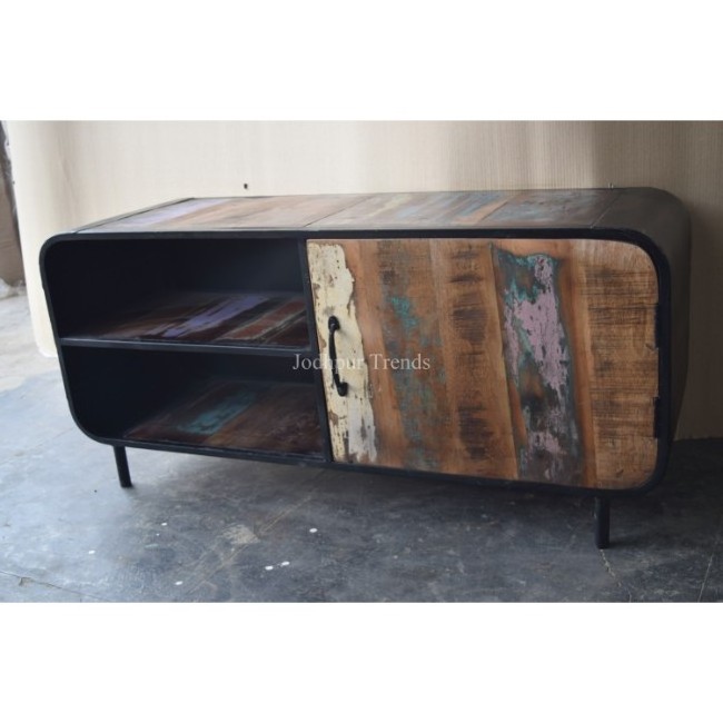 Industrial Vintage Iron Frame Reclaimed Wood Mariner Media Unit sale