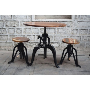 Industrial Acacia Wood Round Top Cast Iron Adjustable Crank Dining Table With Stools Dining Set