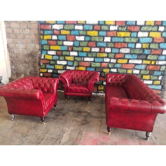 Latest Design Furniture Indian Antique Living Room European Style Red Leather Upholstery Sofa Set