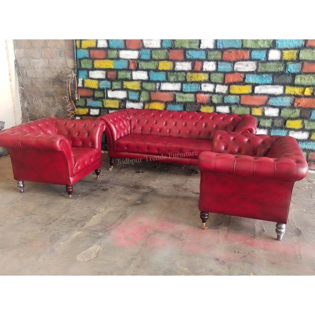 Latest Design Furniture Indian Antique Living Room European Style Red Leather Upholstery Sofa Set