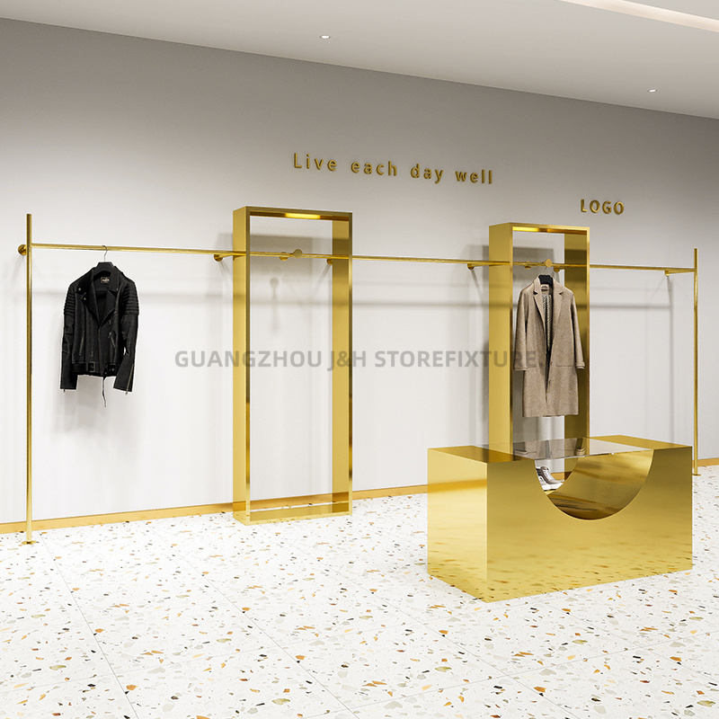 Luxury Boutique Shelves Designs Gold Clothing Rack Garment Dress Display Stand Rack