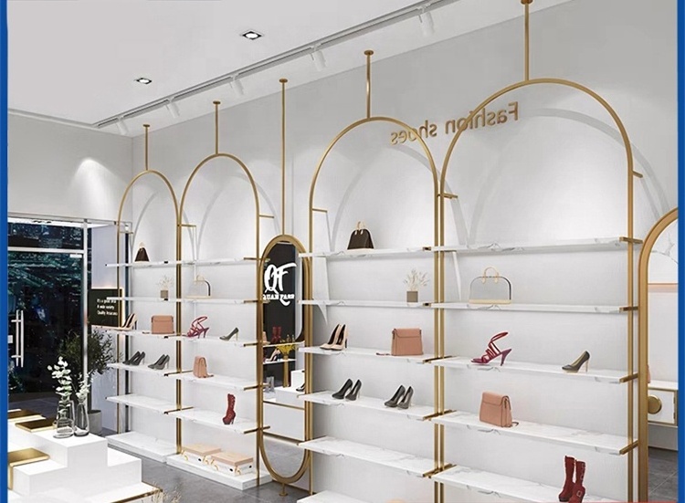 Luxury matt gold metal shoe display stand for shop shoe metal display rack shoes display wall shelf