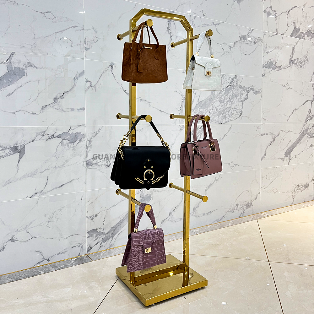 High quality well designed bag display rack display rack for shoe bag shiny gold bag hanger handbag display stand