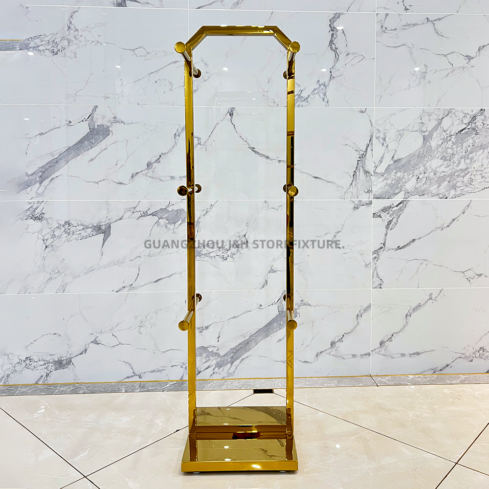 High quality well designed bag display rack display rack for shoe bag shiny gold bag hanger handbag display stand