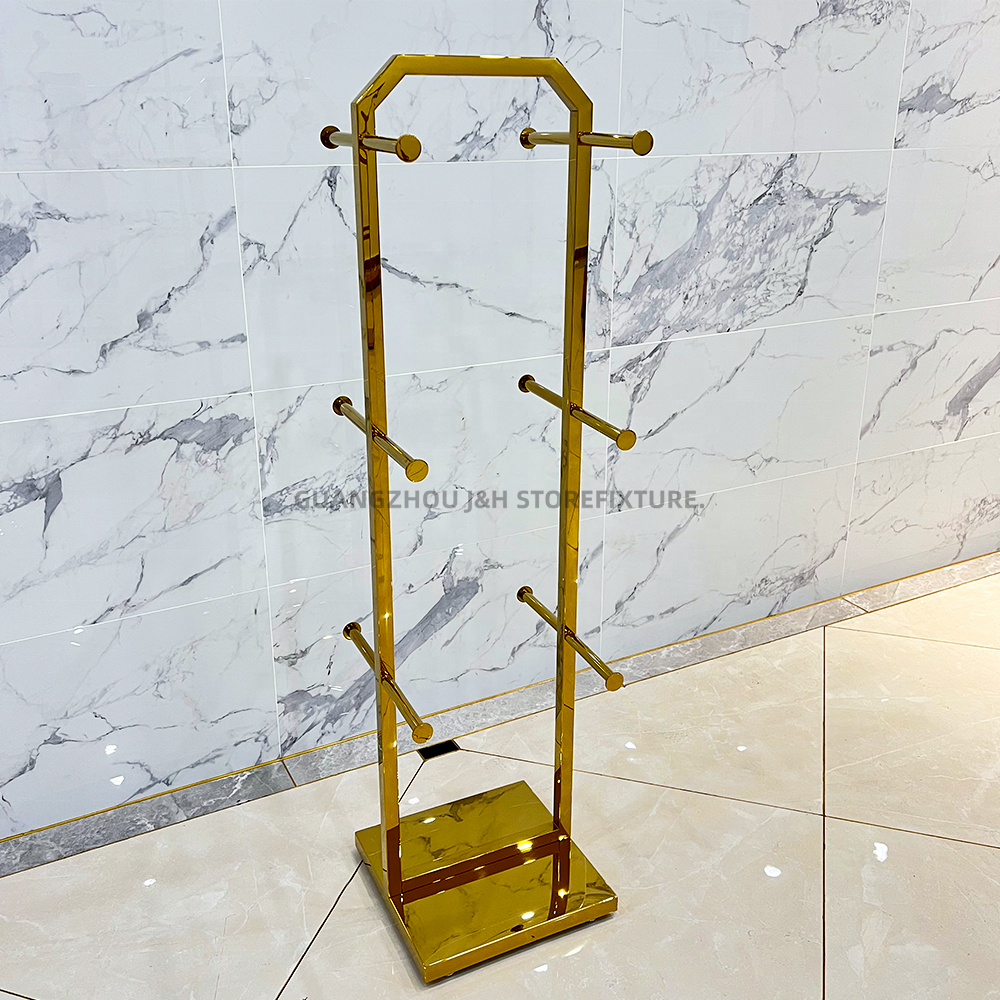 High quality well designed bag display rack display rack for shoe bag shiny gold bag hanger handbag display stand