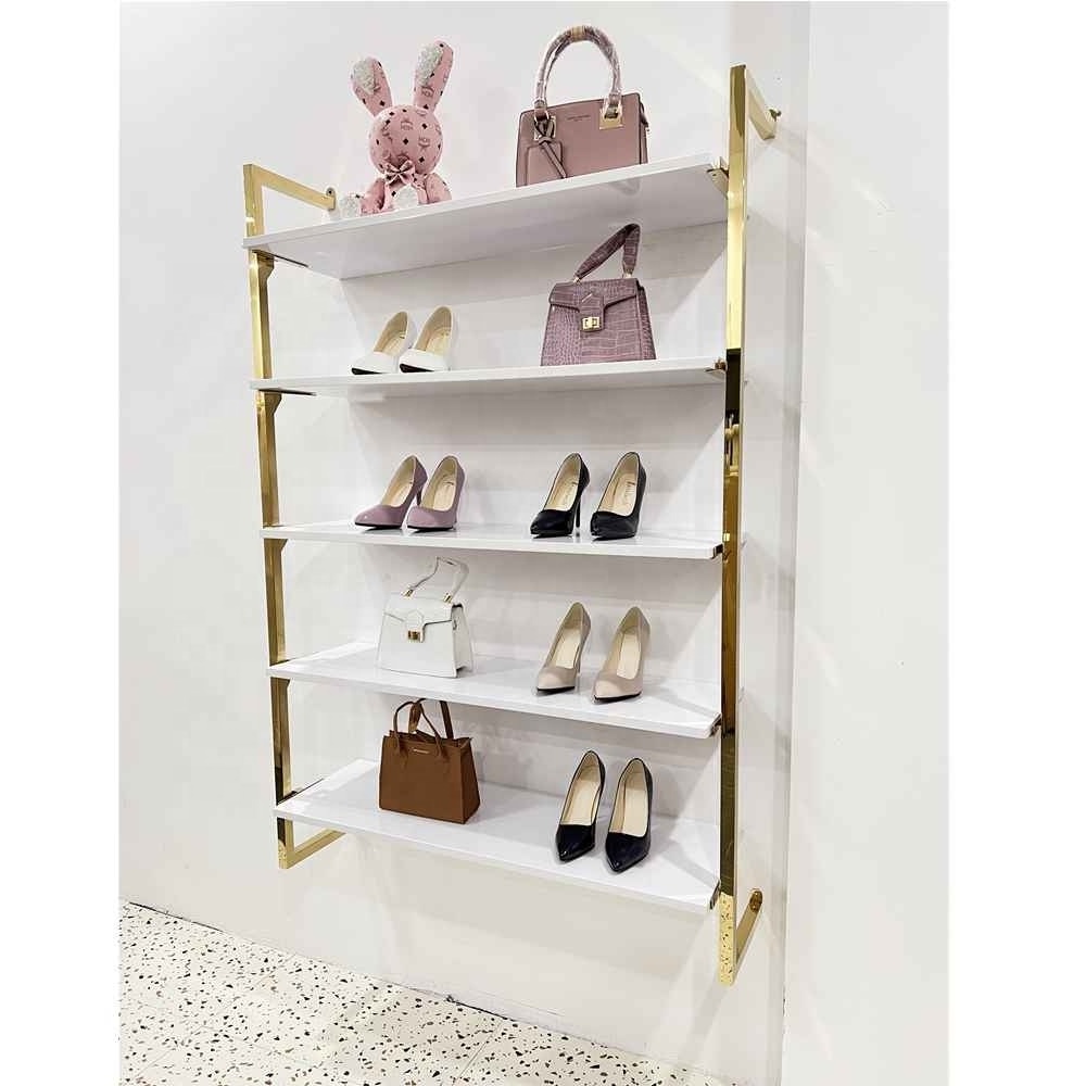 Floating shoe display shelf for wall mount gold metal shoe display rack store garment shoe display stand