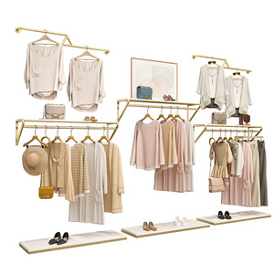 Custom Clothes Shelves Shop Garment Stand Metal Stainless Steel Electroplate Shiny Gold Wall Mounted Clothing Racks On Wall