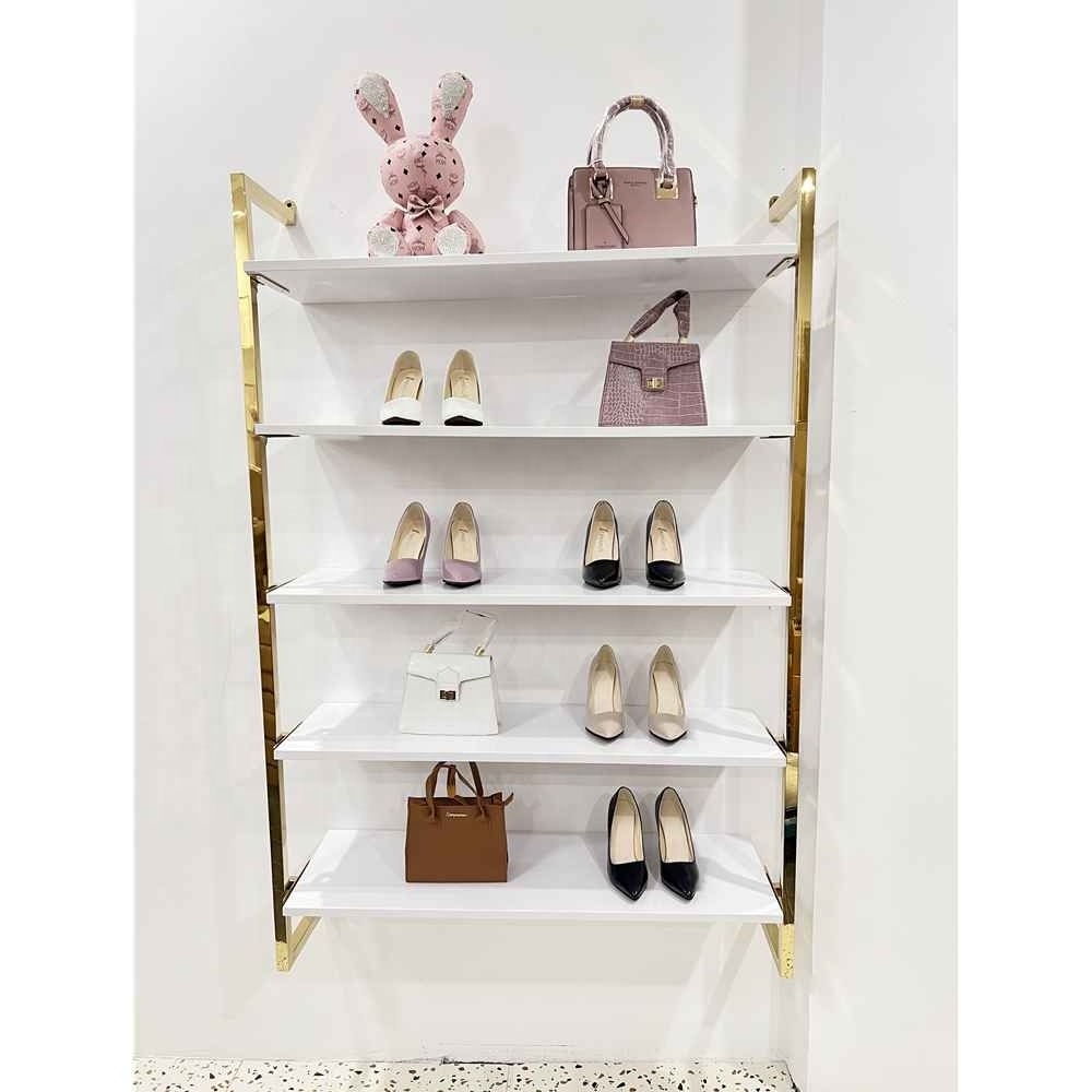 Floating shoe display shelf for wall mount gold metal shoe display rack store garment shoe display stand