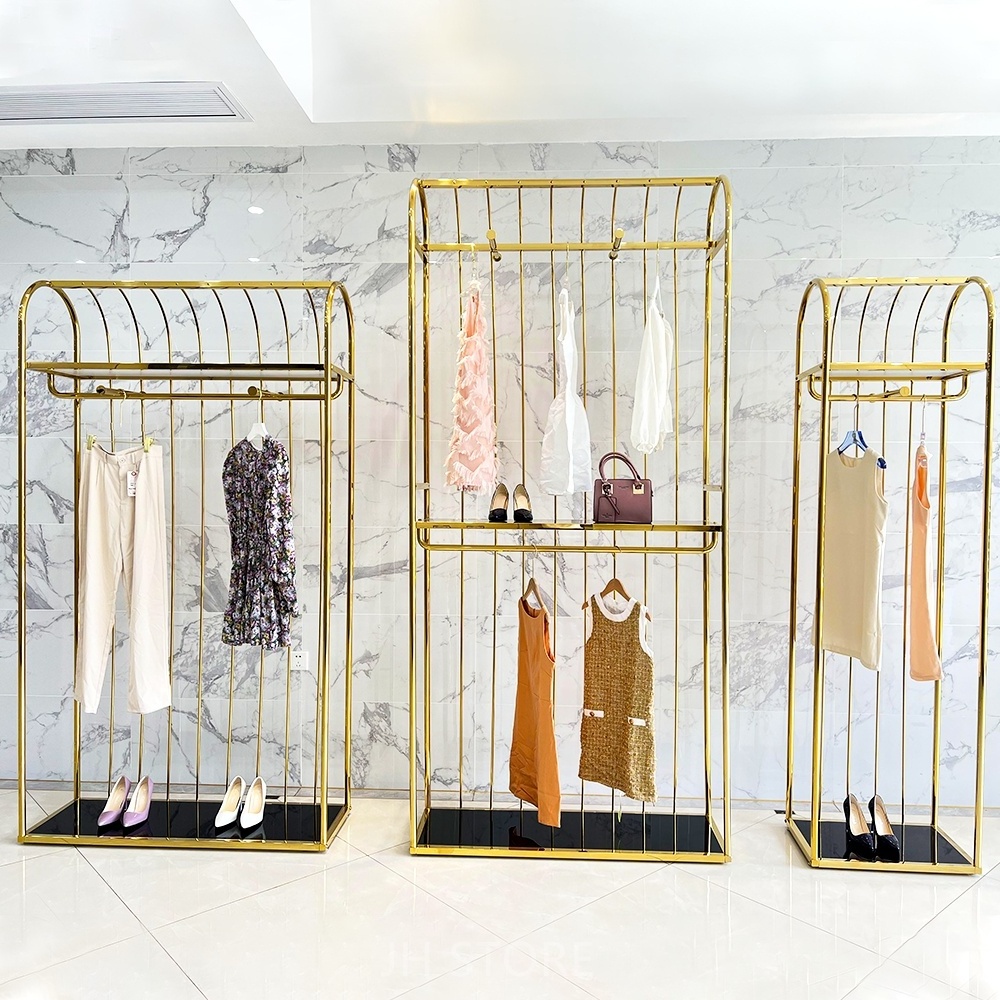 Boutique gold clothing exhibition stand retail clothing display stand rack standing decor clothing rack