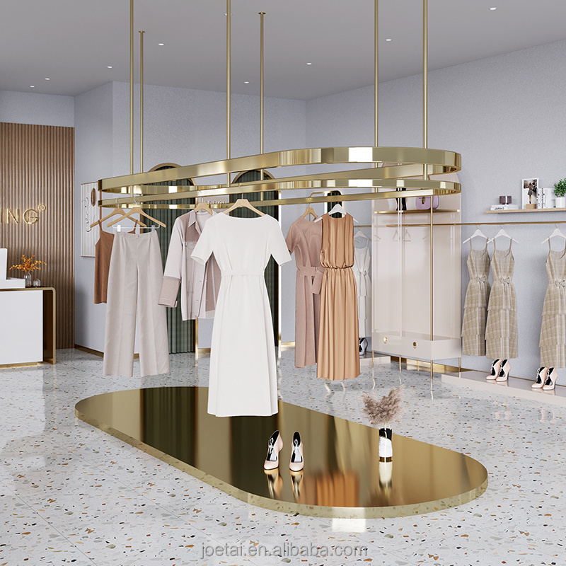 Luxury Clothes Display Hanging Rack Ceiling Hanging Wall Stainless Steel Golden Clothing Rack for Garment