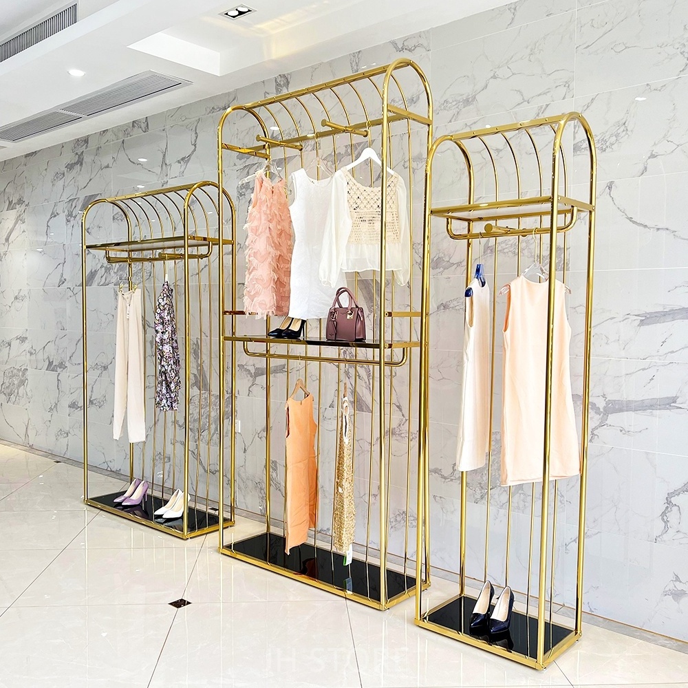 Boutique gold clothing exhibition stand retail clothing display stand rack standing decor clothing rack