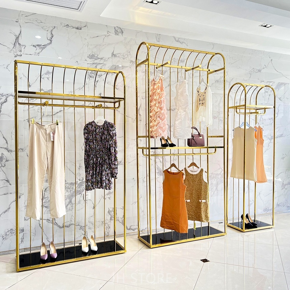 Boutique gold clothing exhibition stand retail clothing display stand rack standing decor clothing rack