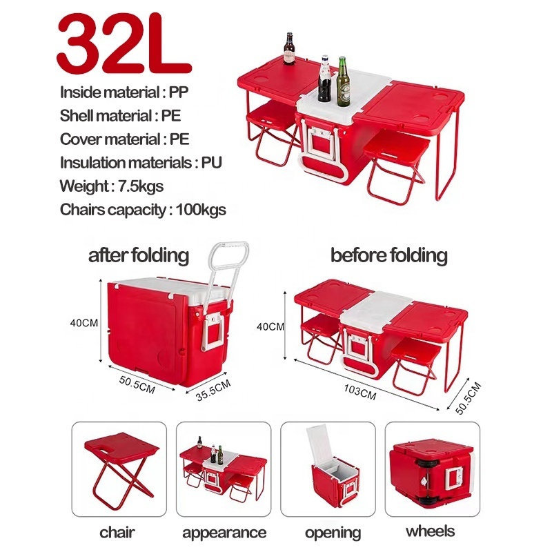 Large Capacity 32L Foldable Outdoor Cooler Box Camping Picnic Table Cooler Box with Chairs and Wheels