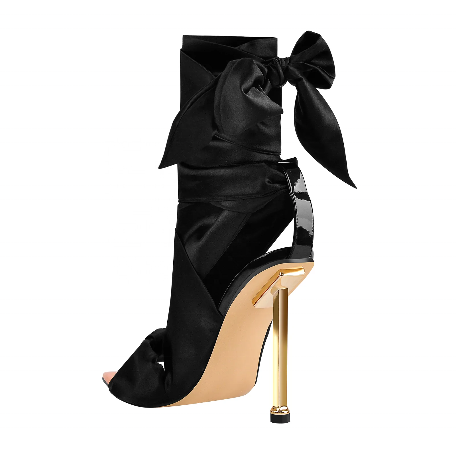 JF Black color satin material strap up high heels women's sandals shoes factory selling custom shoes directly