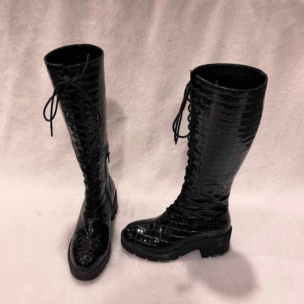 Fashion Crocodile Print Patent Leather Lace Up Women Knee High Boots