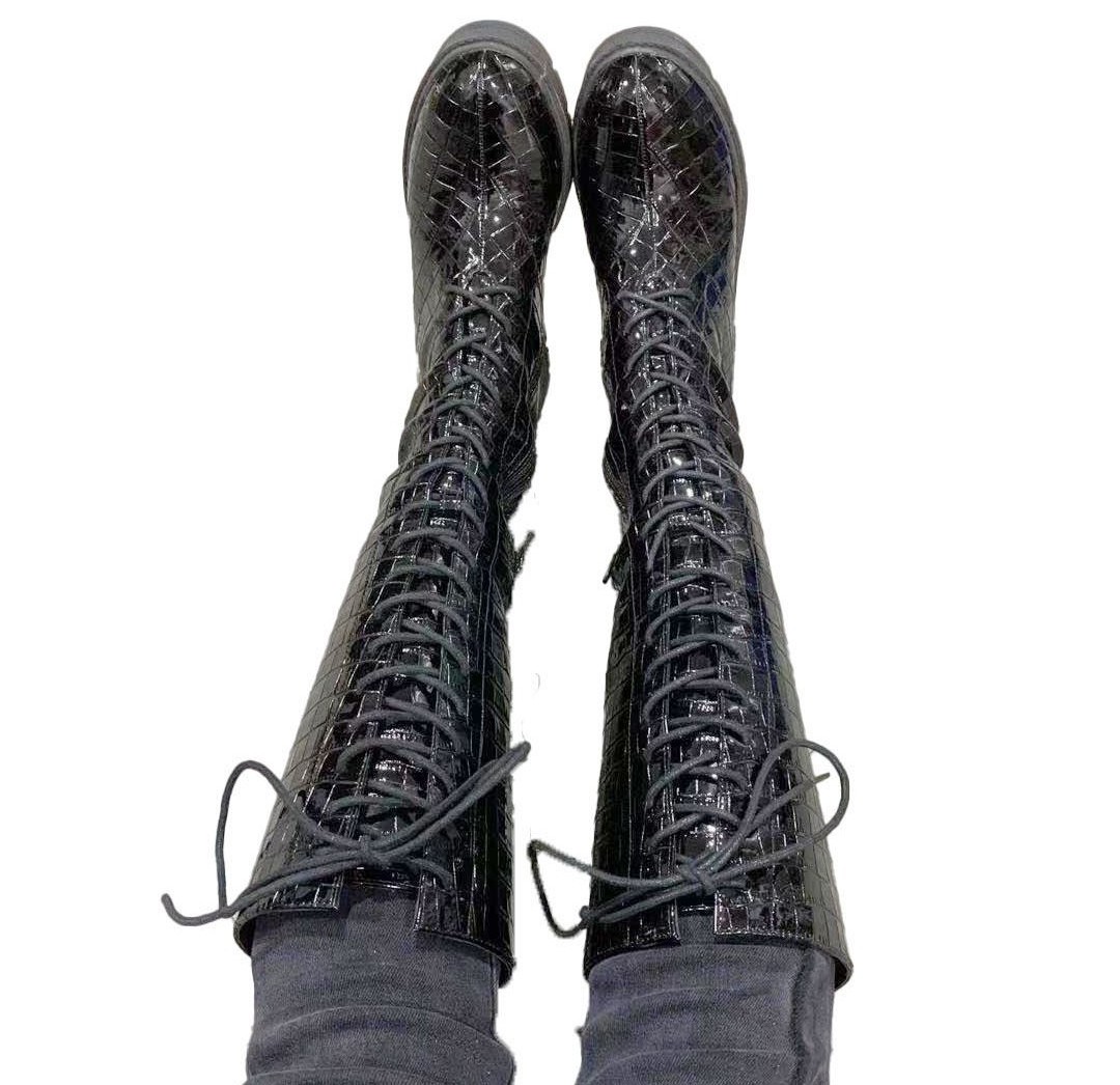 Fashion Crocodile Print Patent Leather Lace Up Women Knee High Boots