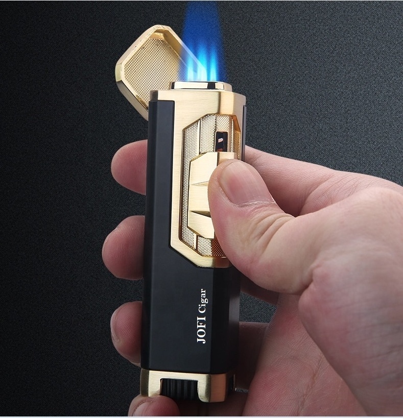 Wholesale 4 jet windproof Cigarette lighter metal blue flame  Refillable lighter torch for cigar Custom Logo