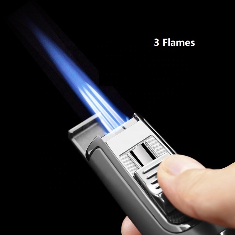 3 Flames Windproof Refillable Butane Torch Lighter, Multifunction Cigar Accessories with Cigar Punch, Cigar Cutter