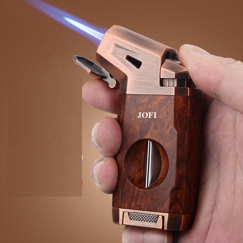 Wholesale 2 in 1 Torch Jet Butane Windproof Metal Pocket Blue Heavy Flame Torch Lighter with Cigar V-Cutter Custom Logo