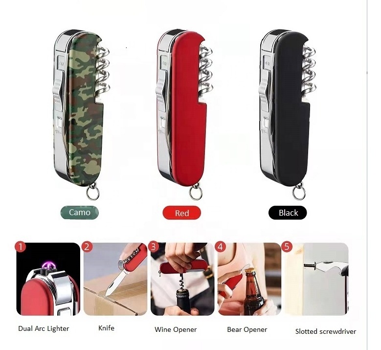 5 in 1 Multifunction Double Arc Lighter with penknife Bear Opener windproof Electronic USB Rechargeable Plasma Lighter