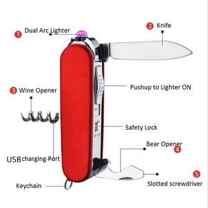 5 in 1 Multifunction Double Arc Lighter with penknife Bear Opener windproof Electronic USB Rechargeable Plasma Lighter